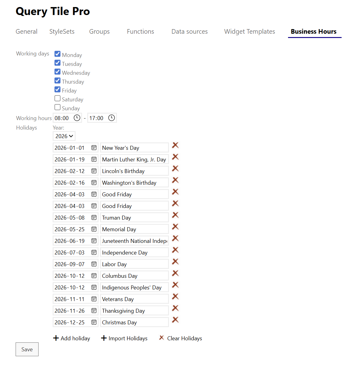 Settings panel showing business hours configuration